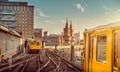 Berlin Oberbaum Bridge with trains at sunset, Berlin Friedrichshain-Kreuzberg, Germany Royalty Free Stock Photo