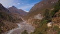 Panoramic view of Bhote Koshi valley with small village Thamu on the way to Thame, Khumbu, Himalayas, Nepal. Royalty Free Stock Photo