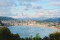 Panoramic view of Biscay bay and La Concha coastal street at sunset in San Sebastian, Donosti, Basque country, Spain Royalty Free Stock Photo