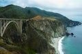 Panoramic view of Bixby Creek Bridge along rugged coastline of Big Sur with Santa Lucia Mountains along famous Highway 1, Monterey Royalty Free Stock Photo