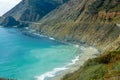 Panoramic view of Bixby Creek Bridge along rugged coastline of Big Sur with Santa Lucia Mountains along famous Highway 1, Monterey Royalty Free Stock Photo