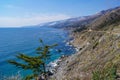 Panoramic view of Bixby Creek Bridge along rugged coastline of Big Sur with Santa Lucia Mountains along famous Highway 1, Monterey Royalty Free Stock Photo