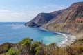 Panoramic view of Bixby Creek Bridge along rugged coastline of Big Sur with Santa Lucia Mountains along famous Highway 1, Monterey Royalty Free Stock Photo