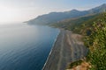 Panoramic view of black pebble beach in Nonza, Corsica, France. Royalty Free Stock Photo