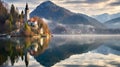 Panoramic view of Bled lake with Church of the Assumption of the Virgin Mary, Slovenia