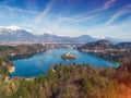 Panoramic view of Bled Lake in early spring Slovenia, Europe Royalty Free Stock Photo