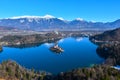 Panoramic view of Bled lake and Karavanke mountains in Gorenjska, Slovenia