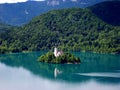 Panoramic view of Bled Lake with Pilgrimage Church of the Assumption of Maria, Slovenia Royalty Free Stock Photo