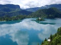 Panoramic view of Bled Lake with Pilgrimage Church of the Assumption of Maria, Slovenia Royalty Free Stock Photo