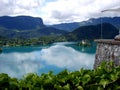 Panoramic view of Bled Lake with Pilgrimage Church of the Assumption of Maria, Slovenia Royalty Free Stock Photo