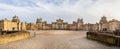 Panoramic view of Blenheim Palace from the gates of the Grand Court in Blenheim, Oxfordshire, UK