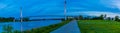 Panoramic view Blue hour scene of Bob Kerrey pedestrian bridge Omaha Royalty Free Stock Photo