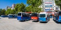 Panoramic view blue minibuses at the stop in Kizilay district.
