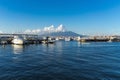 Panoramic view of blue sea and Vesuvius volcano from the port of Castellammare di Stabia, Naples, Campania, Italy