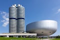 Panoramic view of BMW Museum and Headquarters. Headoffice in Munich, Germany, 2020.