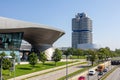 Panoramic view of BMW museum, BMW Welt and BMW Headquarters, Munich, Germany, March 2020.