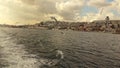 Panoramic view from boat on a flying seagulls and sityckype bank of Istanbul. Slow motion, Full HD video, 240fps, 1080p.