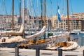 Panoramic view of boats moored in the Old port of Marseille.