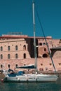 Panoramic view of boats moored in the Old port of Marseille.