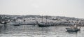 Panoramic view of boats in new port in Hora Mykonos Town, Mykonos, Greece Royalty Free Stock Photo