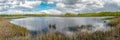 Panoramic view from the bog, dark storm clouds, small marsh pines, lakes, swamp vegetation, Niedraju-Pilka bog