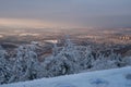 Panoramic view from Borowa Gora view point during winter time. Frosty structure, glazed, icy branches. Royalty Free Stock Photo