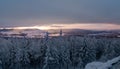 Panoramic view from Borowa Gora view point during winter time. Frosty structure, glazed, icy branches. Royalty Free Stock Photo