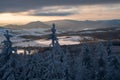 Panoramic view from Borowa Gora view point during winter time. Frosty structure, glazed, icy branches. Royalty Free Stock Photo