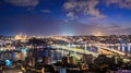 Panoramic view of Bosphorus with lots of illuminated bridges and mosques Royalty Free Stock Photo