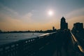 Panoramic view of Boston downtown and historic center from the landmark Longfellow bridge over Charles River Royalty Free Stock Photo