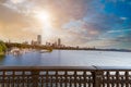 Panoramic view of Boston downtown and historic center from the landmark Longfellow bridge over Charles River Royalty Free Stock Photo