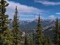 Panoramic view of Bow Valley near Banff, Alberta, Canada viewed from Sulphur Mountain with Lake Minnewanka and Bow River. Royalty Free Stock Photo