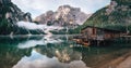 Panoramic view of Braies Lake in Dolomites, Italy