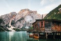 Panoramic view of Braies Lake in Dolomites, Italy Royalty Free Stock Photo