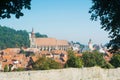 Panoramic view of Brasov medieval old town and walls from Tampa