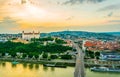 Panoramic view of Bratislava with the Castle, Saint Martin cathedral and Old Town at Sunset...IMAGE