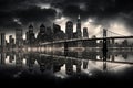 Panoramic view of a bridge over the water in a big city with reflection in the water. Black and white illustration Royalty Free Stock Photo