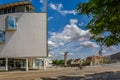 Panoramic view of bridge on river Danube and modern glass buildings, Regensburg, Bavaria, Germany Royalty Free Stock Photo