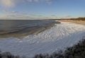 Panoramic view of sandy beach under snow and ice waves of the Baltic Sea on a sunny day in Palanga, Lithuania Royalty Free Stock Photo