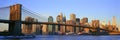 Panoramic view of Brooklyn Bridge and East River at sunrise with New York City, NY skyline post 9/11 view