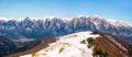 Panoramic view with Bucegi Mountain range covered in snow in Romania. Winter landscape Royalty Free Stock Photo