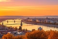 Panoramic view of Budapest and Danube river at sunset, Hungary, Panoramic view over the budapest at sunset, AI Generated Royalty Free Stock Photo