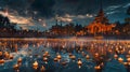 A panoramic view of a Buddhist temple lit by thousands of candles during Visakha Bucha Day at dusk, reflections on a Royalty Free Stock Photo