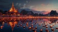 A panoramic view of a Buddhist temple lit by thousands of candles during Visakha Bucha Day at dusk, reflections on a Royalty Free Stock Photo