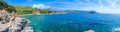 Panoramic view of Budva coast Mogren beach, Budva Old Town, Sveti Nikola Island, Montenegro