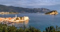 Panoramic view of Budva old town and the island of Saint Nicholas. Montenegro Balkans Eastern Europe.