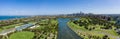 Panoramic view of buildings in the background of the Albert Park F1 Grand Prix circuit in Melbourne