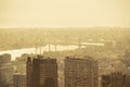 Panoramic View of Buildings in New York City. East River and Brooklyn Bridge in Sepia Style. Roof Tops, Terraces and Facades.