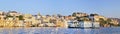 Panoramic view of buildings on water and City Palace in Udaipur Royalty Free Stock Photo
