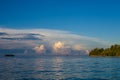 Panoramic View Bungalow in Indonesia Village Tropical Beach in Bali Island Sunrise. Summer Season Caribbean ocean